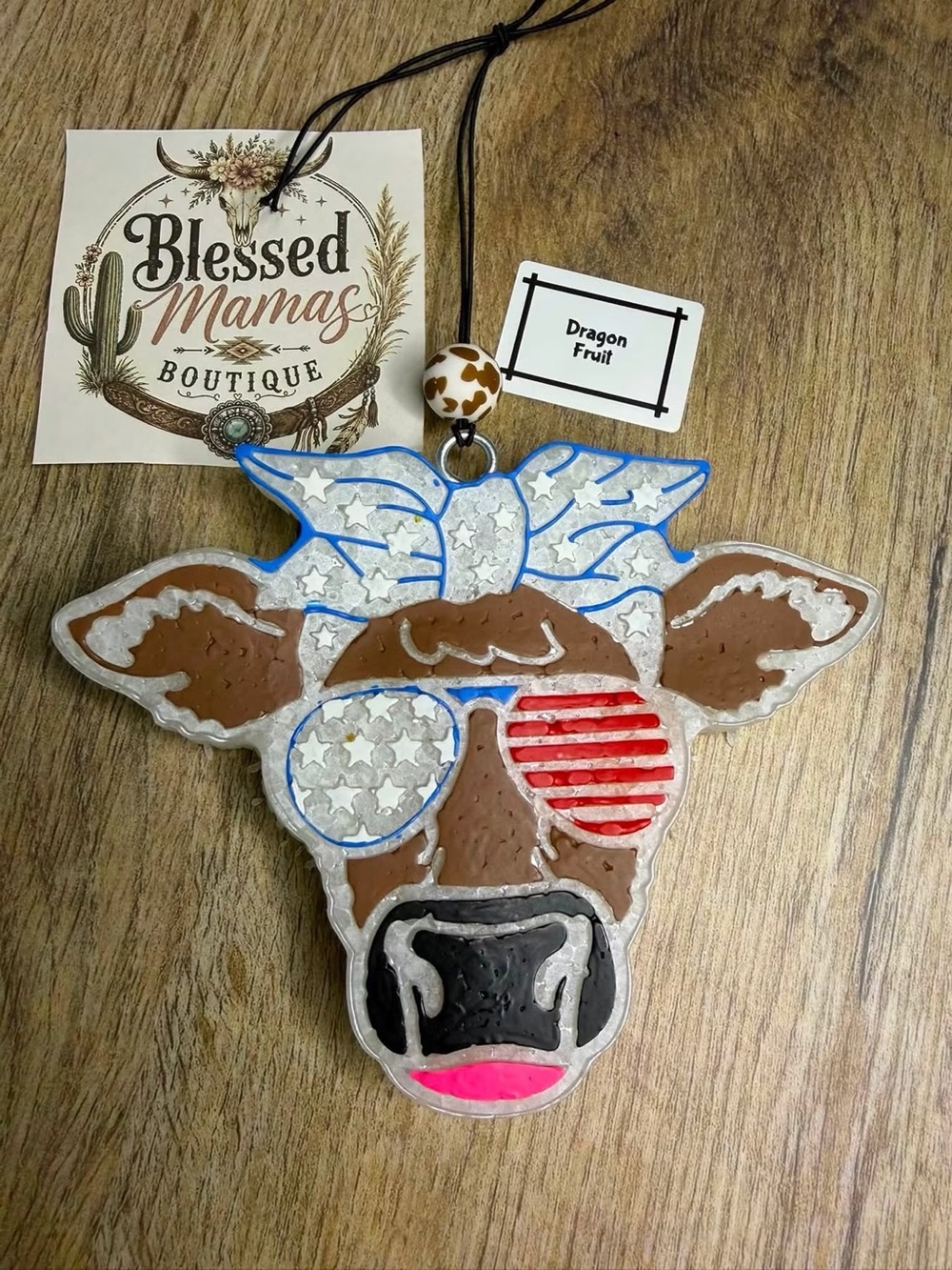 Patriotic Cow Face Car Freshie — Brown, Red, Blue, White